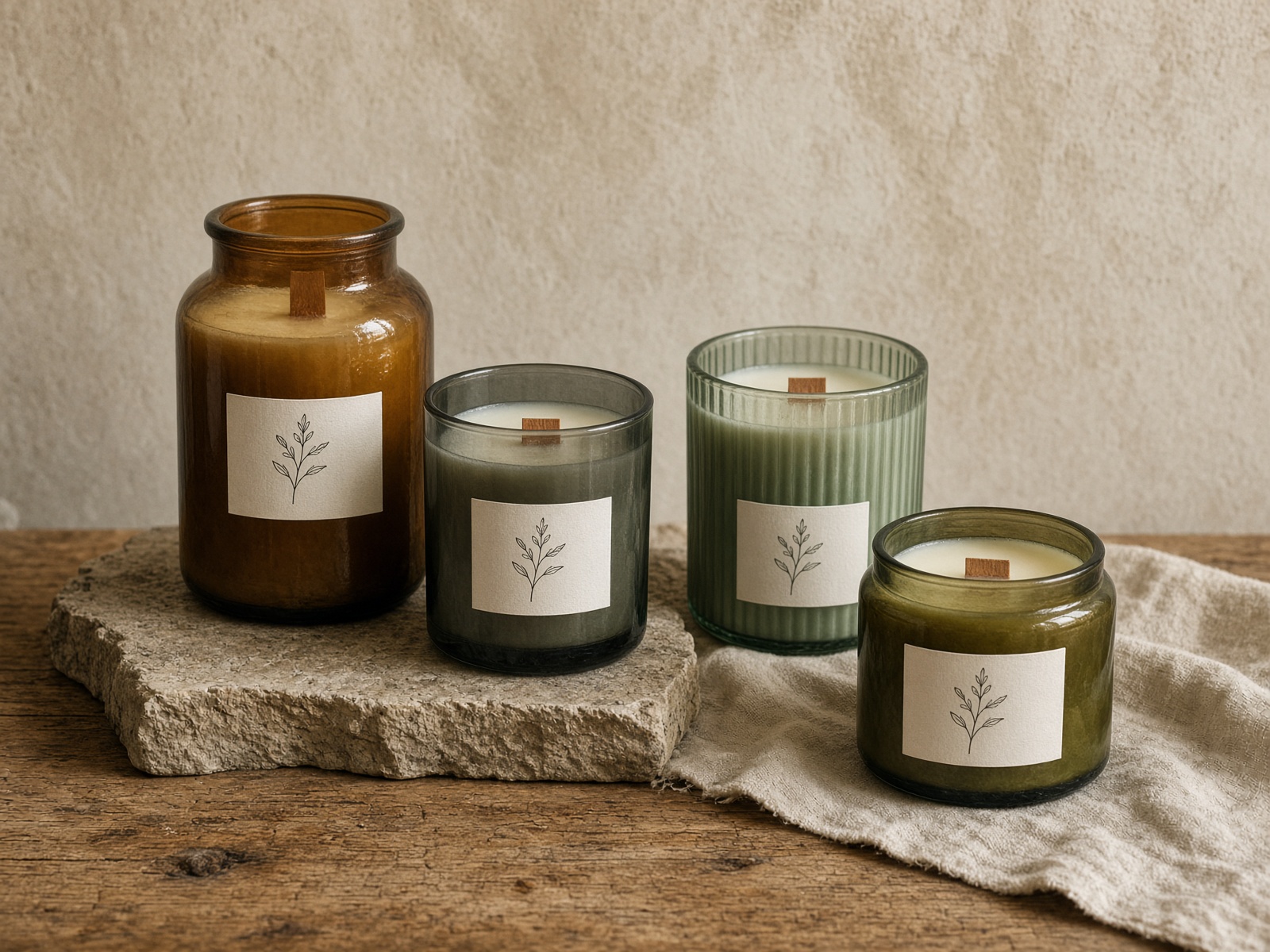 Several different reclaimed glass candles, each a vessel that was saved